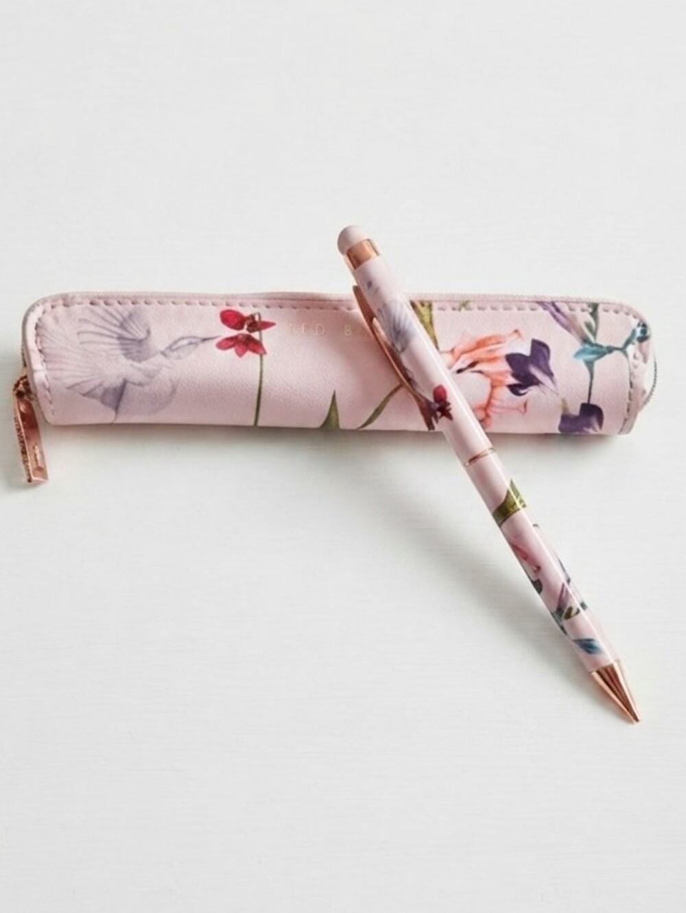 Ted Baker Pink Floral Pen and Zip Case with Rose Gold Accents